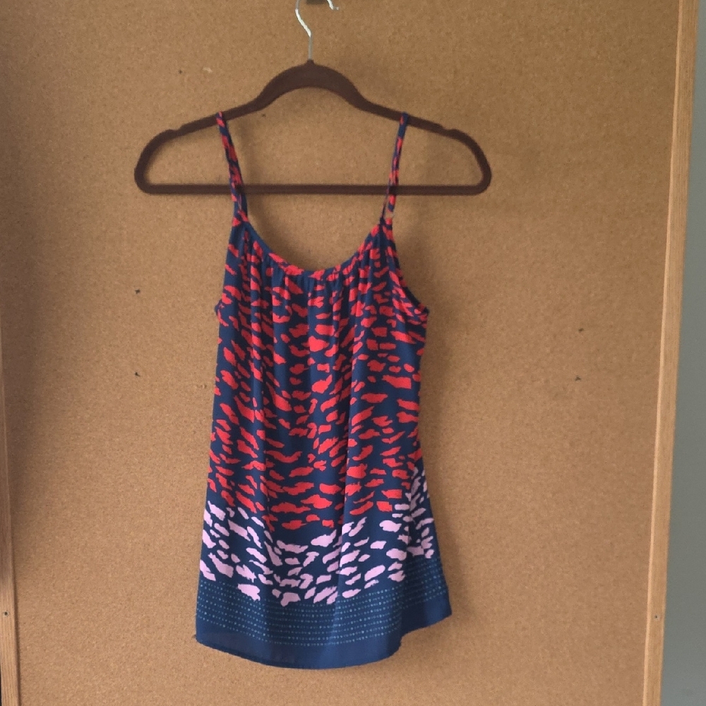 CAbi Navy Spaghetti-Strap Printed Camisole with Red & Pink Accents Tank Top S